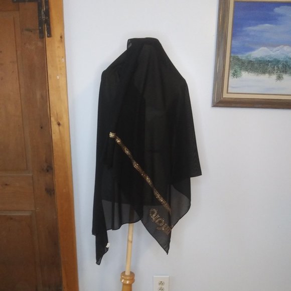 Black sheer scarf with gold rhinestone embellishment on one edge Made in Kuwait - Picture 13 of 13
